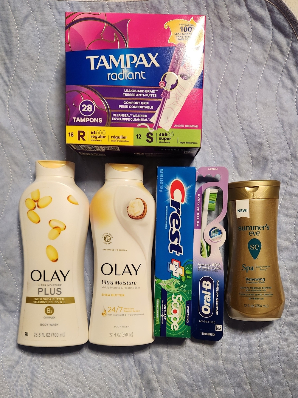 Tampax Tampons, Olay Bodywash, Crest, Oral B, Summer's Eve. Selfcare Bundle.